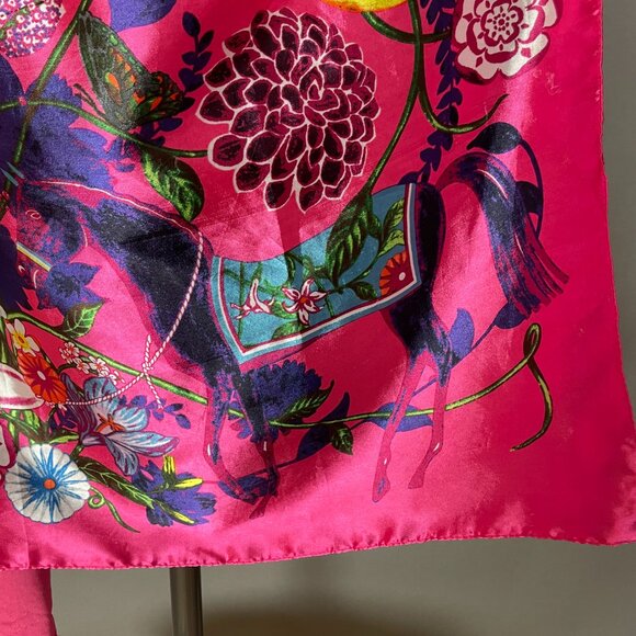 Bright Pink Floral Scarf Horses Birds Maximalist Polyester Square Vibrant Colors - Picture 4 of 13